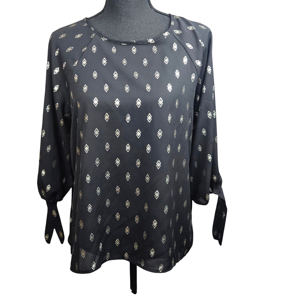 Papermoon Black Boho Blouse Womens Medium‎ Geometric Print Tie Cuff Casual